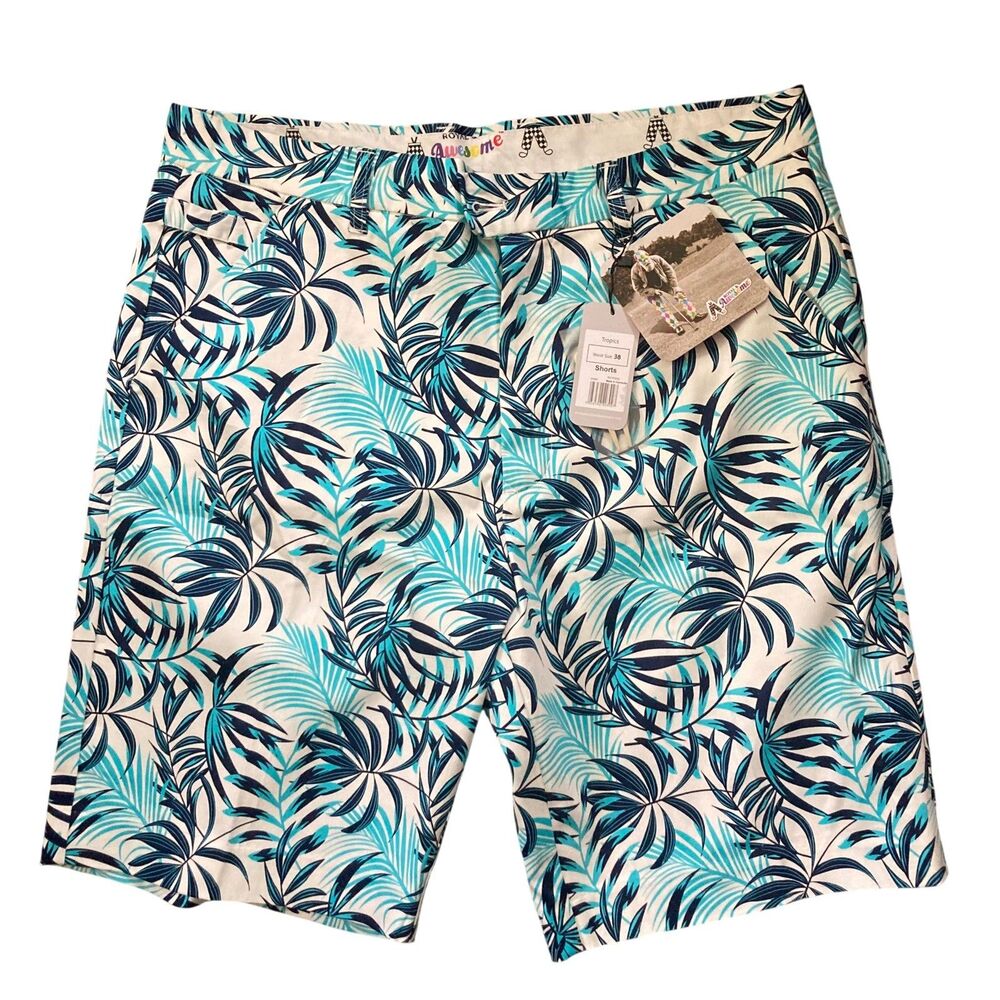 Royal and Awesome Tropics Golf Shorts Hawaiian Resort Vacation Palm Leaf 38 NWT